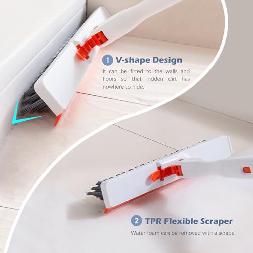 SetSail 4-in-1 Tile Tub Floor Scrubber with 52-inch Adjustable Long Handle Shower Cleaner Brush with V-Shaped Grout Brush and 3 Replacement Brush Heads for Cleaning Bathroom Kitchen Walls Tub Tile - color: Orange, size: 2 Pads + V-Shaped Brush