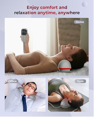 FliKEZE Heated Neck Stretcher with Red Light, Wireless Massager Pillow | 660nm/850nm Red Light, 3 Heat Levels & 5 Massage Modes, Ergonomic Design for Home Office Use to Relieve Neck Pain, Grey