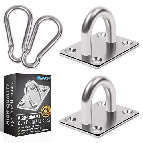 PAMAZY 2PCS M8 Premium Heavy Duty Square Stainless Steel Pad Eye Hooks + 2PCS Snap Hooks and 8PCS Screws with 8PCS Plastic Expansion Tube, Ceiling Hooks Heavy Duty for Outdoor Indoor Activity