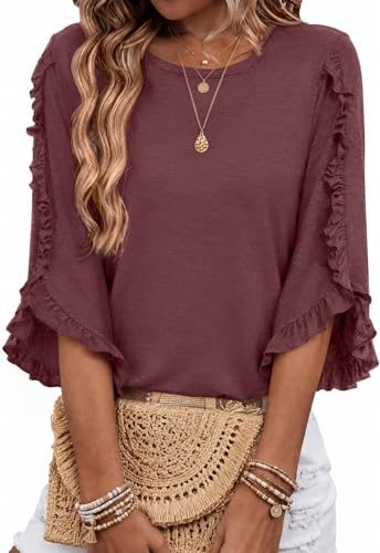 3/4 Length Sleeve Womens Tops Crewneck Ruffle Sleeve Shirts Dressy Casual Blouse Summer Fall Fashion Business Outfit - color: Redwood, size: X-Large