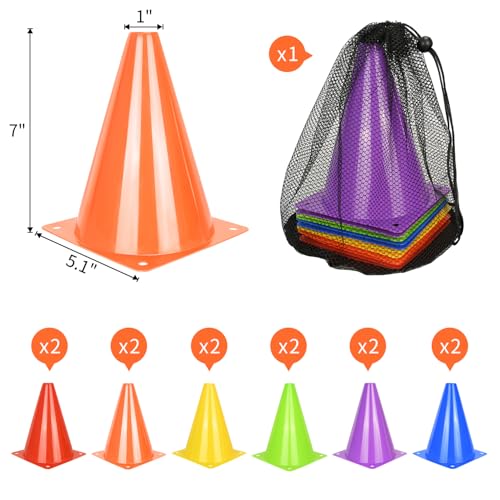 PXZBLG 12/24/50pcs Soccer Cones, 7" Plastic Traffic Cones | for Sports Training, Football, Soccer, Basketball, Coaching, Practice - color: 6 Colors, size: 7", 12pcs