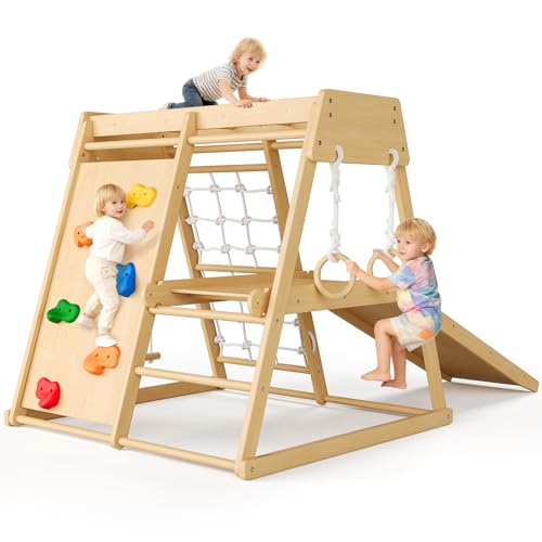 Garvee 6-in-1 Indoor Playground Jungle Gym Kids Climbing Toys, Wooden Climber Playset with Slide, Climbing Rock, Monkey Bars, Climb Net, Climbing Rock, Rings, Christmas Toys for Kids, Natural