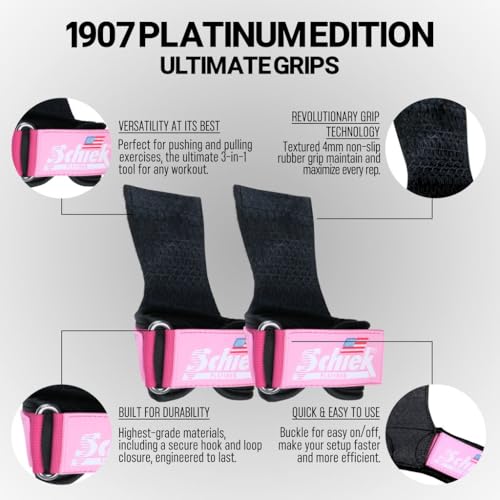Schiek Sports Model 1907 Platinum Edition Ultimate Grips - 3 in 1 Weight Lifting Straps Wrist Wraps and Grip Pads - color: Pink, size: Small