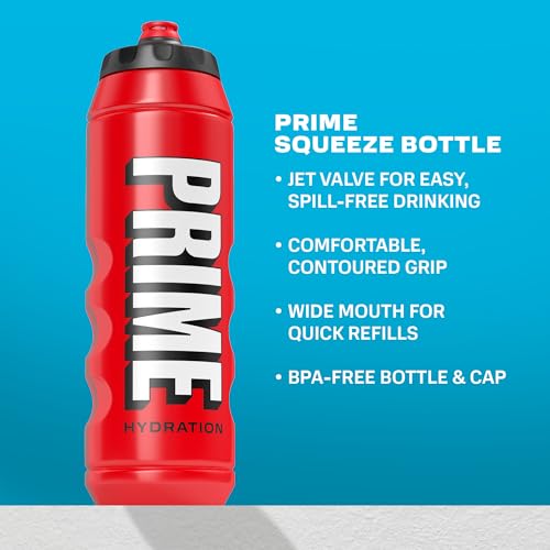 PRIME 32 oz Red Squeeze Sports Water Bottle, BPA Free, Dishwasher Safe, Easy-Grip Ergonomic Leakproof Design, Fast Hydration for Gym, Cycling, Running - color: Red