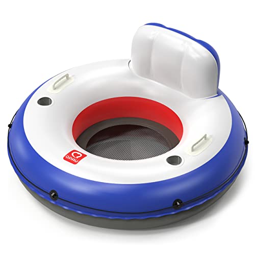 QPAU Inflatable River Tube, 0.4 mm Thickened Puncture-Resistant Heavy Duty River Float, River Raft with Ergonomic Backrest, Mesh Bottom & 2 Cup Holders for Adults and Friends Lake Float - color: D-Orange&Blue