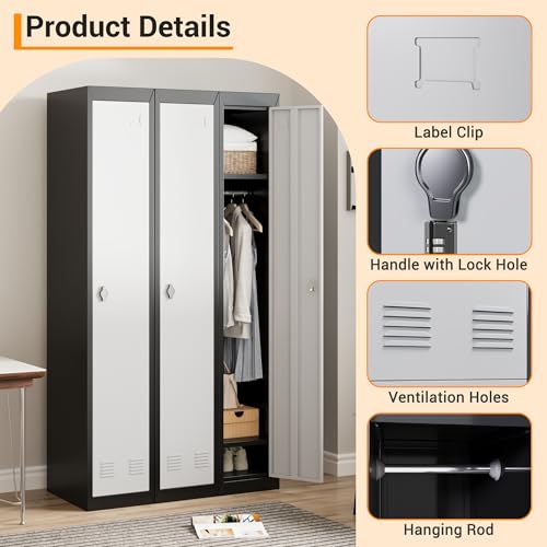 72" Tall Single-Door Metal Locker with Key, Heavy Duty Steel Storage Cabinet with Shelves, Lockable Employee Locker for School, Office, Gym, Home, Garage, Grey & Black - size: 1 Door