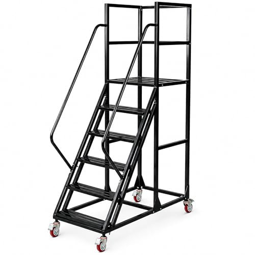 6 Step Rolling Ladder with Handrails, 1100 lbs Capacity Heavy Duty Mobile Warehouse Ladder with Wheels, Industrial Steel Non-Slip Rolling Stairs with Large Platform, for Garage Stockroom Library - color: Black, size: 6 Step