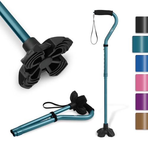 KINGGEAR F1 Walking Stick, Walking Cane for Women & Men with Wrist Strap, Lightweight & Sturdy Offset EVA Handle, Large Quad Base, Self Standing for Seniors and People with Injuries & Recovery - color: Blue