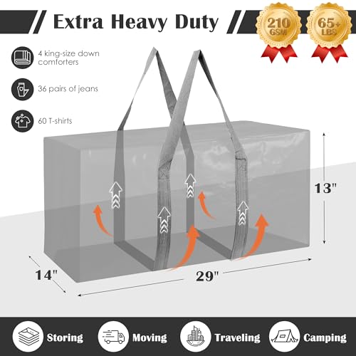 6 Pack Moving Bags with Full-Open Side Zipper, Extra Large 93L Heavy Duty Waterproof Foldable Storage Totes for College Dorm, Moving & Home Organization Gray - color: Gray, size: 6 Pack