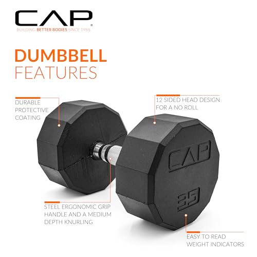 CAP Rubber Coated Dumbbell Weights, Free Weights for Home Gym Strength Training, Anti-Roll Hex Dumbbells with Black, Chrome & Comfort Grip Handles, Singles - size: 35 lb, style: 12-Sided - Chrome Handle