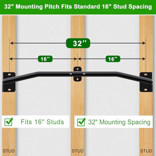 SELEWARE Heavy Duty Wall Mount Pull Up Bar, Joist Mount Chin Up Bar for Doorway, Sturdy Steel Construction, w/Resistance Band Hooks, Fits 32"/36" Wall Studs for Home Gym Strength Training - size: B: 32" x 1.3" Dia Grip