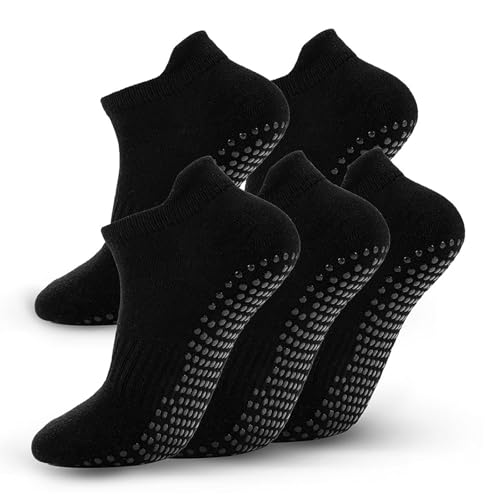 5 Pairs Pilates Socks with Grips for Women Non Slip Grip Yoga Crew Socks for Barre Hospital Barefoot - color: A - 5 Pairs Black
