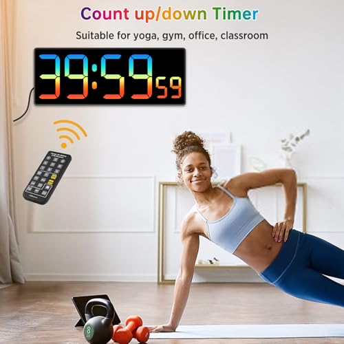 Soobest Digital Wall Clock, Remote Control Electric Timer Seconds for Gym | 8 RGB Colors, Auto DST, Corded Plug in Large Display 5 Dimmer, Living Room Office Classroom Countdown (10.2" Multicolor) - color: 10.2“ Multicolor