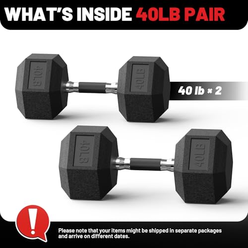 PAPABABE Hex Dumbbell Set 2.5-100lb, Rubber Grip Dumbbells, Home Gym | Complete & Durable Cast Iron Core Odorless Antiroll Hex Shape Ergonomic Versatile Home Gym Comfort Non-Slip Grip - size: 40 lb, Pair, style: Rubber Grip