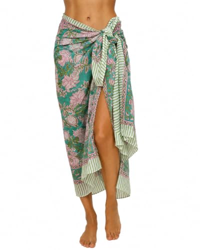 100% Cotton Hand Block Print Pareo Sarong Swimsuit Wrap Skirt Cover Up Long Women’s Apparel Fabric Beach Bikni (73" x 44") - color: Firozi 1