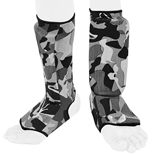 Be Smart Kids, Adults, Youth, Men and Women Muay Thai MMA Kickboxing Shin Guards, Instep Guard Training, Sparring Protective Gear Equipment Shin Kick Pads - color: Gray Camo, size: XXXS ( 3 to 8 Years )