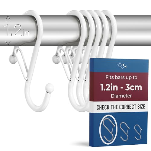 6-Pack Metal S Hooks for Hanging – Heavy-Duty S-Shaped Hook with Safety Buckle – Fits Bars up to 1.2 in – Anti-Drop S-Hooks for Closet, Wardrobes & Storage – White (Large) - color: White, size: Large - 1.2In Diameter
