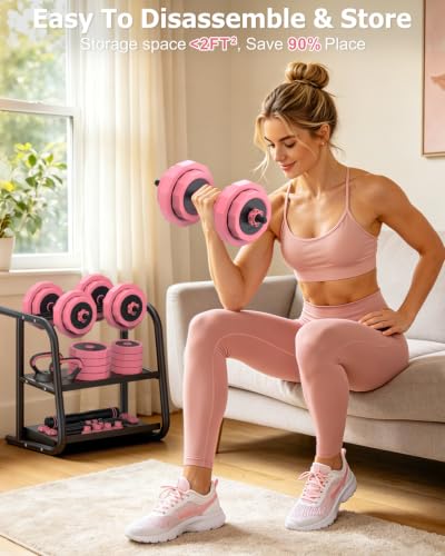 Rendpas 4-in-1 Adjustable Dumbbell Set with Foldable Weight Bench, Convert to Barbell Kettlebell Push-Up Stand, 800LBS Bench 10 Angles Incline Decline Flat, Home Gym Weight Set - color: Pink, size: 45LB Dummbell Set & Adjustable Bench
