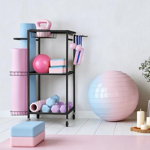 Workout Equipment Storage Rack Metal Yoga Mat Storage Rack, Weight Cart Home Gym Storage Rack with Wheels for Dumbbells, Yoga Mats, Kettlebells, Foam Rollers - color: Black