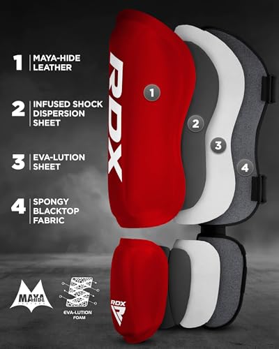 RDX Shin Guards Kickboxing Muay Thai, SATRA SMMAF Approved, Premium Maya Hide Leather, Leg Instep Protection Pads, MMA Martial Arts Kicking Sparring Training Gear, BJJ Karate Boxing Taekwondo, Black - color: Red, size: Medium