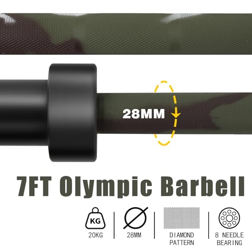 7ft Olympic Barbell for Strength Training, Olympic Weightlifting | 500 700 1000LBS Capacity, 2 Inch 45lb Weight Bar for Squat, Home Gym Fitness Equipment, Bench Press, Deadlift, Powerlifting - color: Camo-500LBS