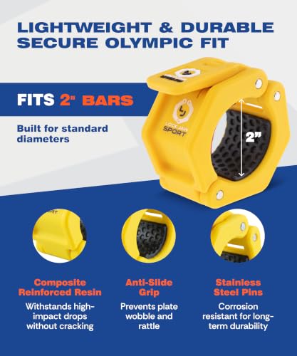 Lock-Jaw Barbell Collars Sport Olympic Barbell Clamps 2 Pcs – Heavy Duty Bar Clamps for 2” & 50mm Olympic Bars – Secure Weight Bar Clamps for Strength Training & Home Gym Accessories – Yellow - color: Yellow
