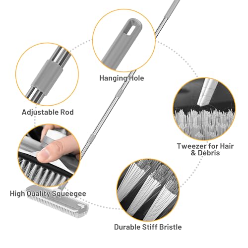 3 in 1 Floor Scrub Brush with Long Handle & Squeegee | Heavy-Duty, Adjustable, 360° Rotating Head for Cleaning Tile Bathroom Deck Kitchen Patio, Gray - color: Gray