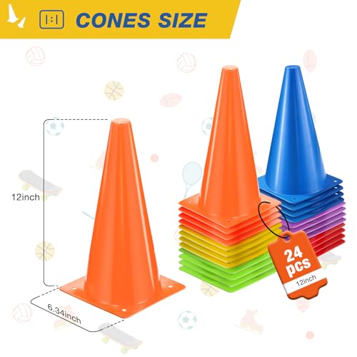 12 Inch Sports Cones Set of 24,Durable Training Cones for Soccer,Football, Basketball Drills - Multi-Purpose Agility Cones for Indoor & Outdoor Practice - color: colors