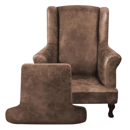 ANARACHON Leather Look Wingback Chair Covers, 2-Piece Wing Chair slipcover,Stretch Wing Back Armchair Slipcovers with Elastic Bottom, Soft Spandex Furniture Protector for Living Room (Light Brown #2) - color: Light Brown #2