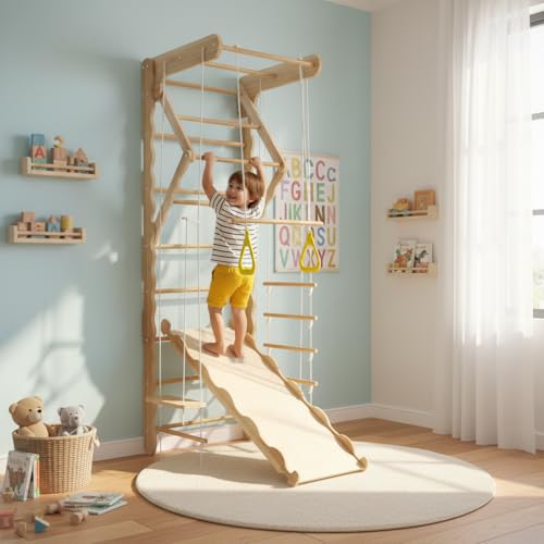 Indoor Wooden Climbing Wall Set, Natural Pine Material, 78.7x23.6 Inch Wall-Mounted Kids Gym with Slide, Rings and Rope Ladder, Weight Capacity 100 Pounds