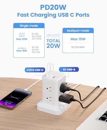 Power Strip Tower with Surge Protector 1800J, Fast Charging Tower PD20W USB-C Ports with 8 AC Outlets, Extension Cord for Home Office Dorm Room, White, 5FT - color: White, size: 5FT