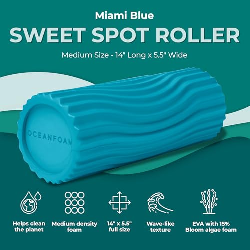 Oceanfoam Sweet Spot Medium Exercise Foam Roller 14"x5.5" – Medium Density Travel Foam Roller for Physical Therapy, Deep Tissue Massage, Yoga, Pilates, Classic Exclusive Wave Texture (Miami Blue) - color: Miami Blue