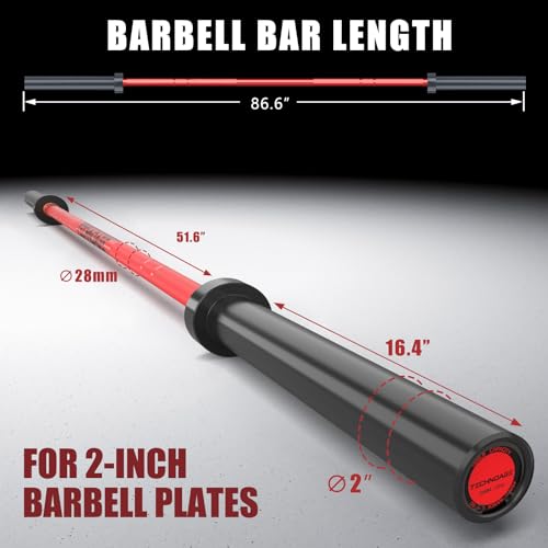 TECHNOAGE 7ft Olympic Barbell 45LB – 1500LB Capacity Weightlifting Bar with Needle Bearings & 28mm Knurled Grip, Powerlifting Strength Bar for Squat Bench Deadlift, Home Gym Olympic Weight Bar - color: Black Red