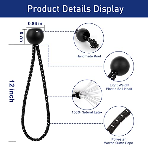 Bungee Balls 12 inch,50 pcs Tarp Bungee with Balls for Canopy, Camping Tarp, Shelter,Cargo,Tent Poles UV Resistant - size: 12 Inch