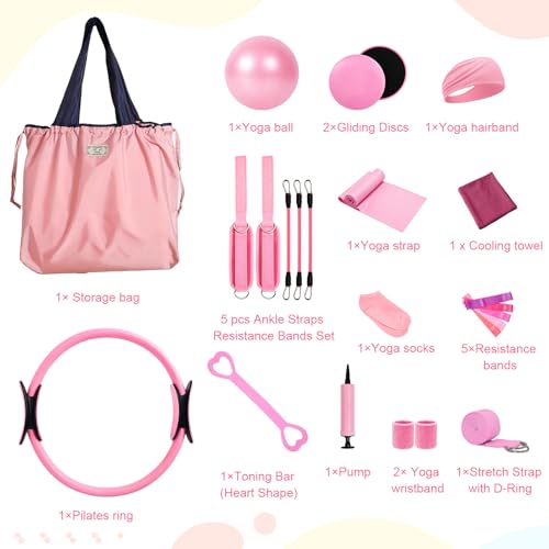 24Pcs Pilates Equipment Home Pilates Kit with 12" Pilates Ring, Yoga Ball, 5 Resistance Bands, Ankle Strap Bands, Gliding Discs, Toning Bar, Stretch Strap, Socks, Workout Set for Full Body Training