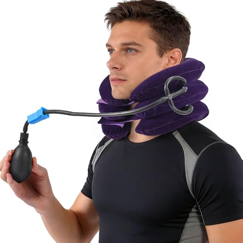 Lit-Pack Cervical Neck & Vertebra Traction Device for Neck Pain Relief, Adjustable Inflatable Neck Stretcher Pillow for Neck Tension Relief Decompression Neck Brace Pump with Carrying Bag red Color - color: Red