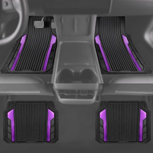 CAR PASS Heavy Duty Rubber Car Mats Metallic,Aluminum Film All Weather Floor Mats Waterproof Universal Trim to Fit SUVs Sedans Vans 4 Piece Anodized Deep Dish Two-Tone Sporty Black Purple Chrome - color: BLack Purple