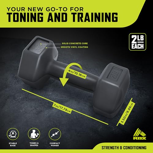RBX Vinyl Coated Hand Weight Dumbbell Set - Hex Shaped, Roll Free for Body Building/Sculpting/Strength Training Exercise, (Set of 2) - color: Grey, size: 2lb