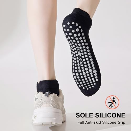 5 Pairs Pilates Socks with Grips for Women Non Slip Grip Yoga Crew Socks for Barre Hospital Barefoot - color: B - Black Gray Pink Purple Green