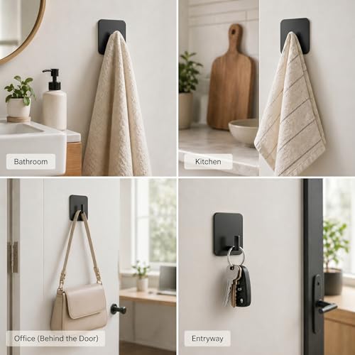 Stainless Steel Adhesive Wall Hooks for Hanging, Heavy Duty Waterproof Stick On for Bathroom Kitchen Shower, Self Adhesive for Towels, Keys, Hats, Robes - 8 Pack (Black) - color: 02-black