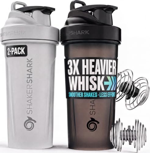 Hydra Cup ShakerShark - 2 Pack 28 oz Protein Shaker Bottles for Protein Mixes with 2 Weighted Wire Whisks, Leak Proof Shaker Cups for Protein Shakes and Pre Workout (Grey/Black) - color: Grey/Black
