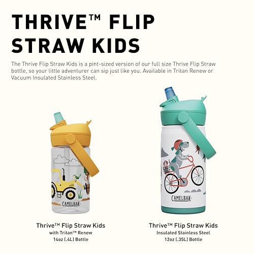 CamelBak Thrive Flip Straw Kids Bite Valve Stainless Steel Water Bottle Biking Dogs, 12oz - color: Biking Dogs