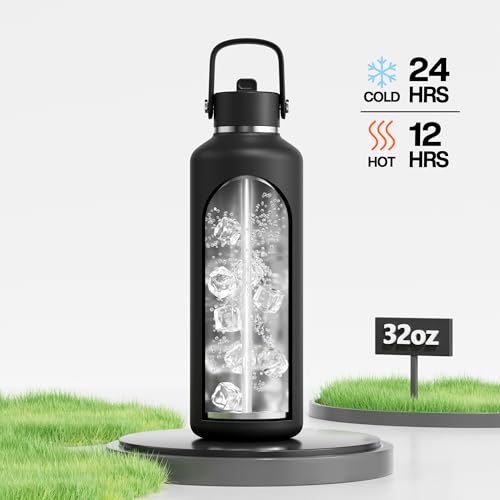 POWCAN 32 oz Insulated Water Bottle with Straw: Leakproof, Top Handle, Keep Cold 24H, BPA-Free, Double Wall Stainless Steel Water Bottle for Travel, Sport, Gym, Outdoors, Camping (Midnight Black) - color: Midnight Black, size: 32 Ounces