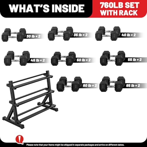 PAPABABE Dumbbell Set with Rack Dumbbells Rubber Encased Home Gym | PAPABABE Complete & Durable Cast Iron Core Odorless PVC Antiroll Hex Shape Ergonomic Chrome Handle Versatile Home Gym - size: 760LB with 3-Tier Weight Rack