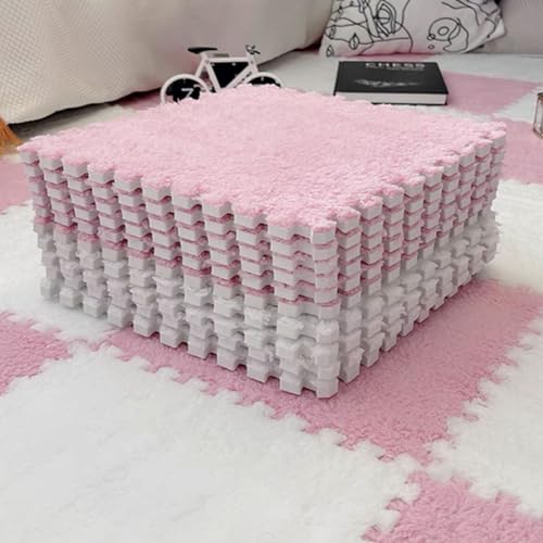 10pcs Plush Puzzle Foam Floor Mat, Soft Fluffy Interlocking Square Foam Tiles Area Rugs Carpet for Parlor Bedroom Decoration(11.8x11.8in, Pink & White) - color: Pink & White