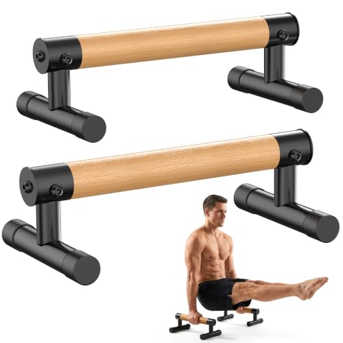GanFindX Wooden Push Up Bars 9.5/13" 500LB Parallettes for Training | Natural Wood Grip, Black Anti-Slip Steel Base, Heavy Duty Parallettes for Push Ups, L-Sits, Gymnastics & Calisthenics Workout - size: 13"