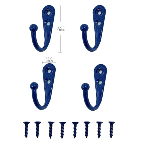 4 Pcs Wall Mounted Hooks for Bedroom,Bathroom,Kitchen,and Cabinet Hangers (with 8 Screws)-Royal Blue - color: Royal Blue