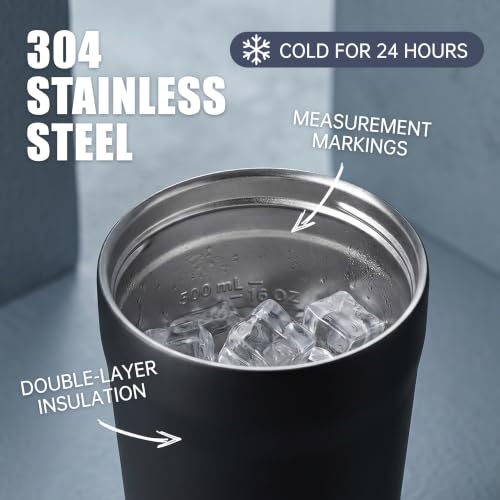Fijinhom 24 oz Insulated Shaker Bottle with Portable Powder Container. | Leak-Proof Protein Shaker Bottle, 304 Stainless Steel Insulated Water Bottle with Removable Mixer, Measurement Marks, Black - color: Black