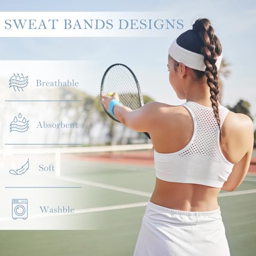 4 Pack Cotton Terry Sweat Headbands for Men Women Running Gym | 4 pack soft cotton terry headbands, Stretch 7 to 15 inches, Sweat-wicking, stays put for running, tennis, basketball & yoga - color: Black/Red/White/Blue