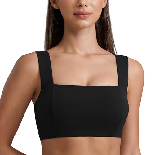 CRZ YOGA Butterluxe Wide Strap Sports Bras | Light Support, Removable Pads, Yoga, Extremely Soft, Square Neck, Front Split Line, for Women - color: Black, size: XX-Small